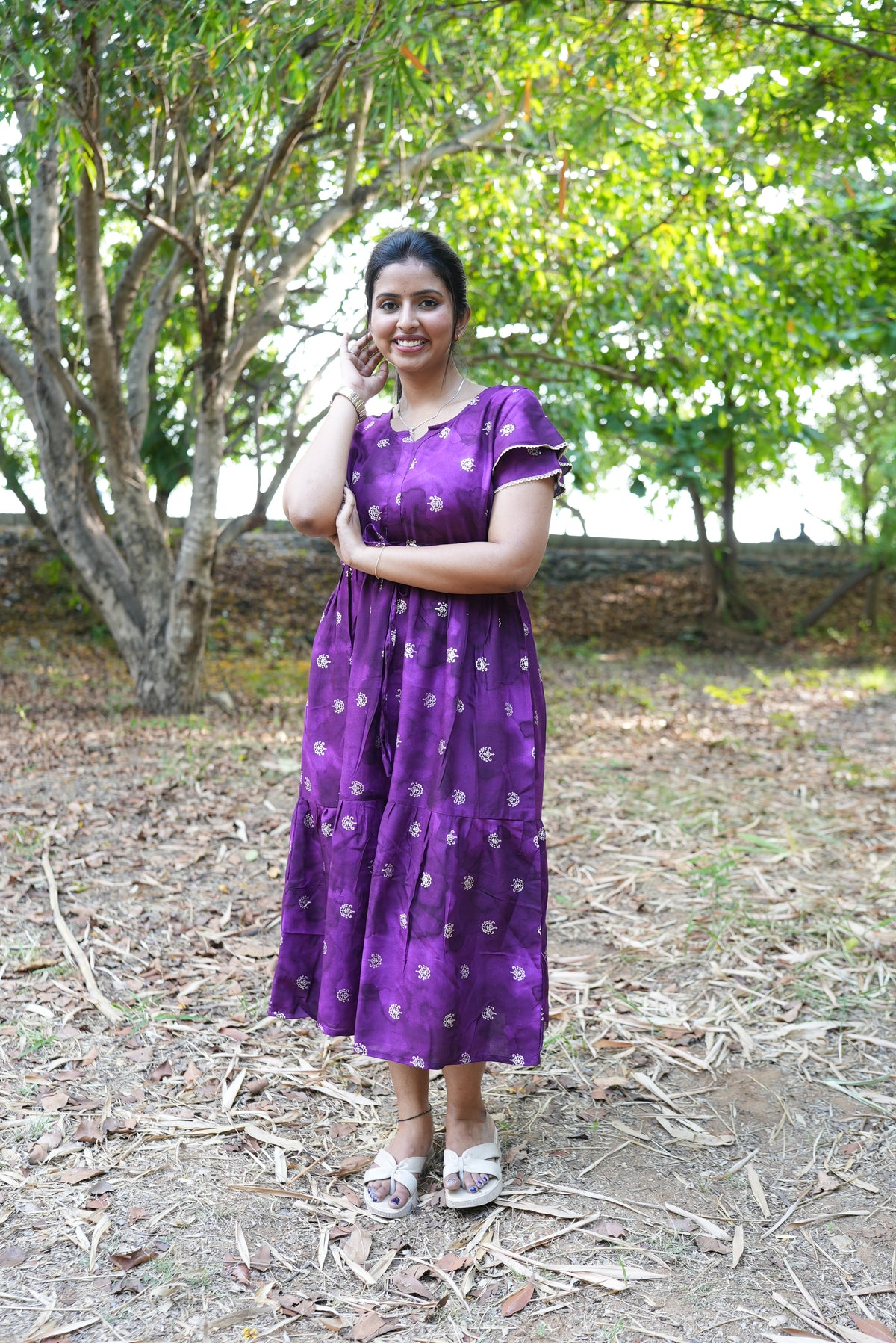 Emerald Forest Gold Foil Rayon Maxi Dress – Double Layer Flutter Sleeve Frock with Adjustable Waist & Pockets - Lightweight Breathable MAXI Frock