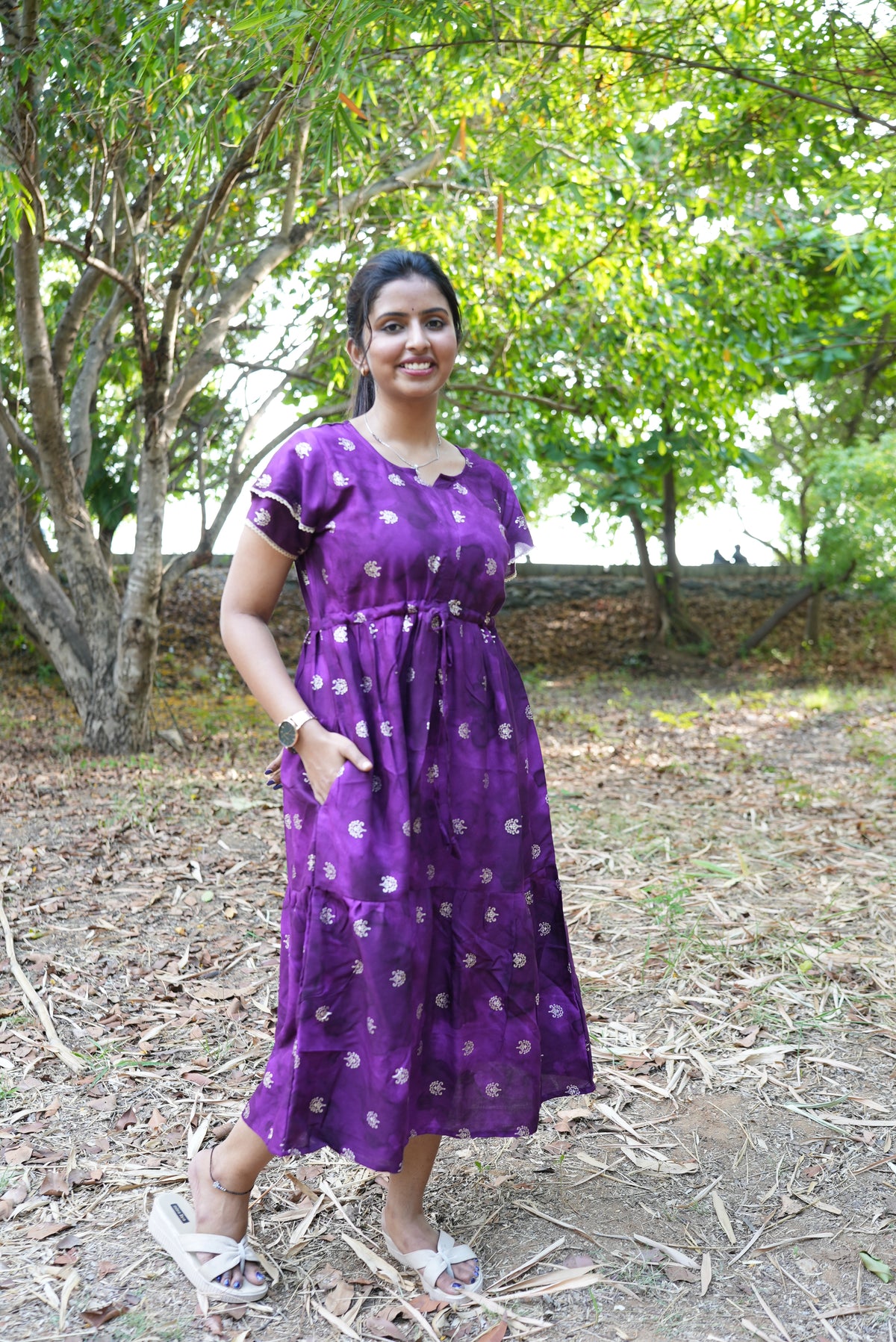 Emerald Forest Gold Foil Rayon Maxi Dress – Double Layer Flutter Sleeve Frock with Adjustable Waist & Pockets - Lightweight Breathable MAXI Frock