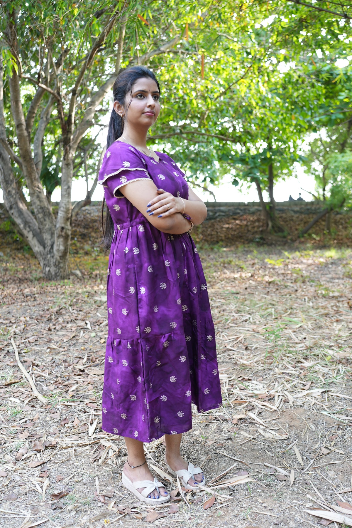 Emerald Forest Gold Foil Rayon Maxi Dress – Double Layer Flutter Sleeve Frock with Adjustable Waist & Pockets - Lightweight Breathable MAXI Frock