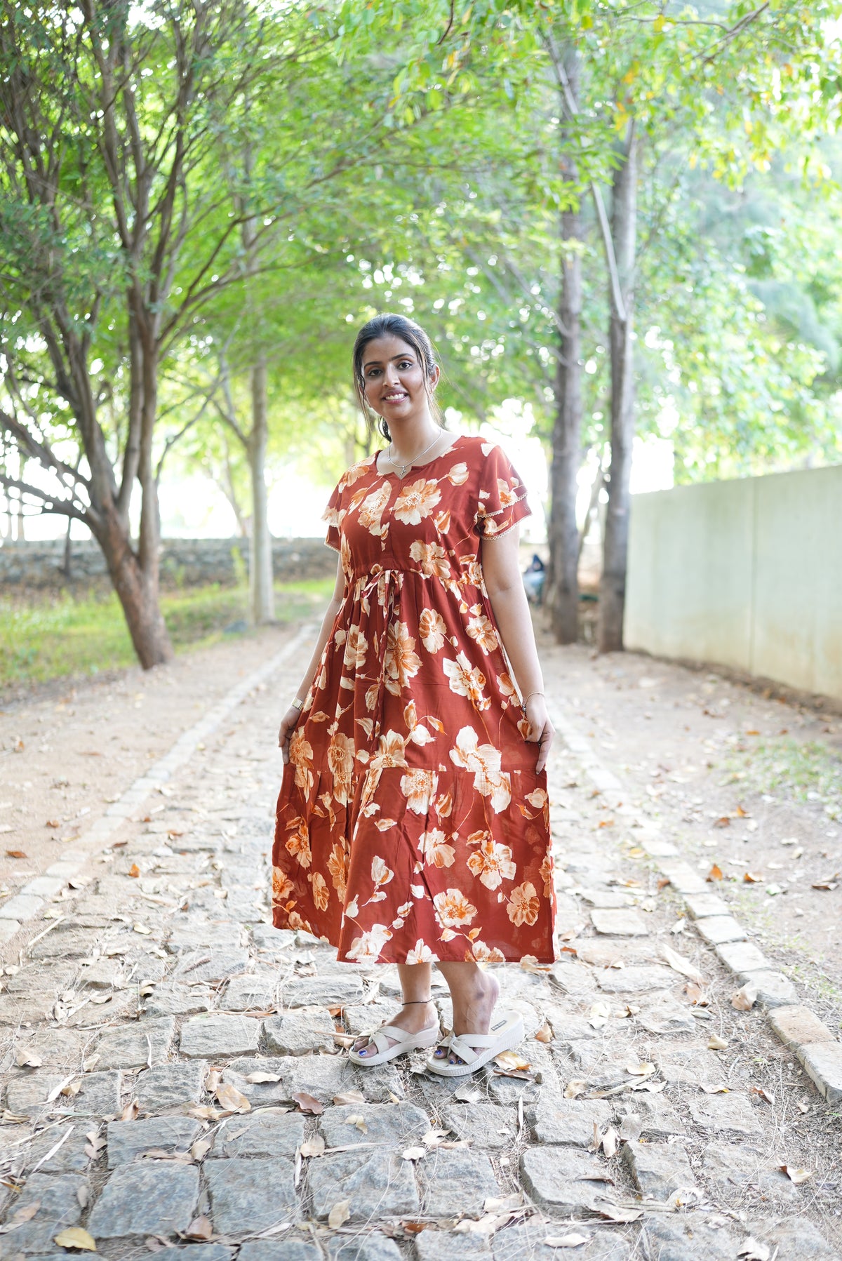 Terracotta Bloom Rayon Foil Maxi Frock – Double Layer Frill Sleeve Summer Dress with Adjustable Waist Tie & Side Pockets - Breathable Summer Wear MAXI Frock