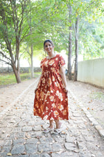 Terracotta Bloom Rayon Foil Maxi Frock – Double Layer Frill Sleeve Summer Dress with Adjustable Waist Tie & Side Pockets - Breathable Summer Wear MAXI Frock