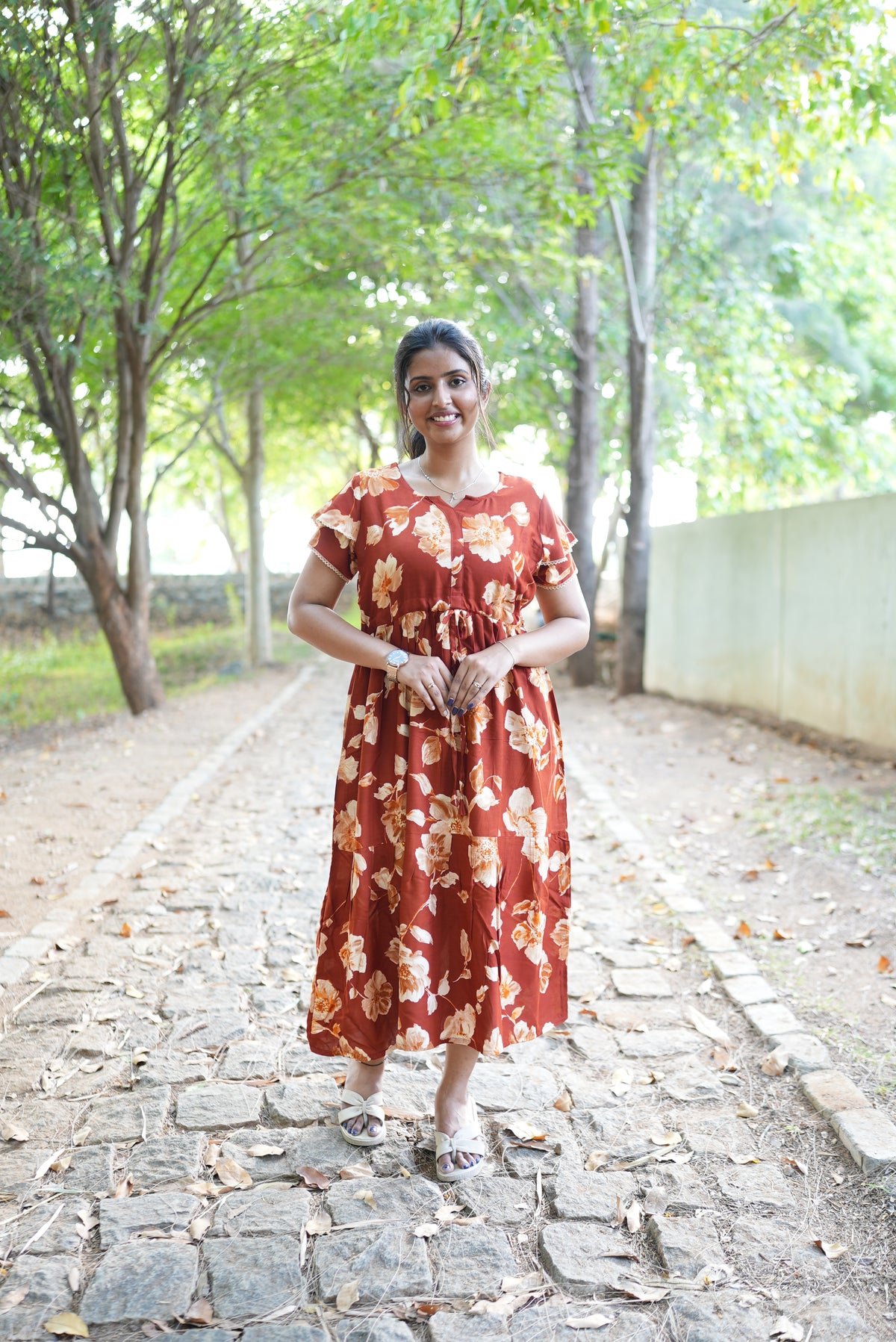 Terracotta Bloom Rayon Foil Maxi Frock – Double Layer Frill Sleeve Summer Dress with Adjustable Waist Tie & Side Pockets - Breathable Summer Wear MAXI Frock