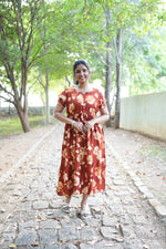 Terracotta Bloom Rayon Foil Maxi Frock – Double Layer Frill Sleeve Summer Dress with Adjustable Waist Tie & Side Pockets - Breathable Summer Wear MAXI Frock