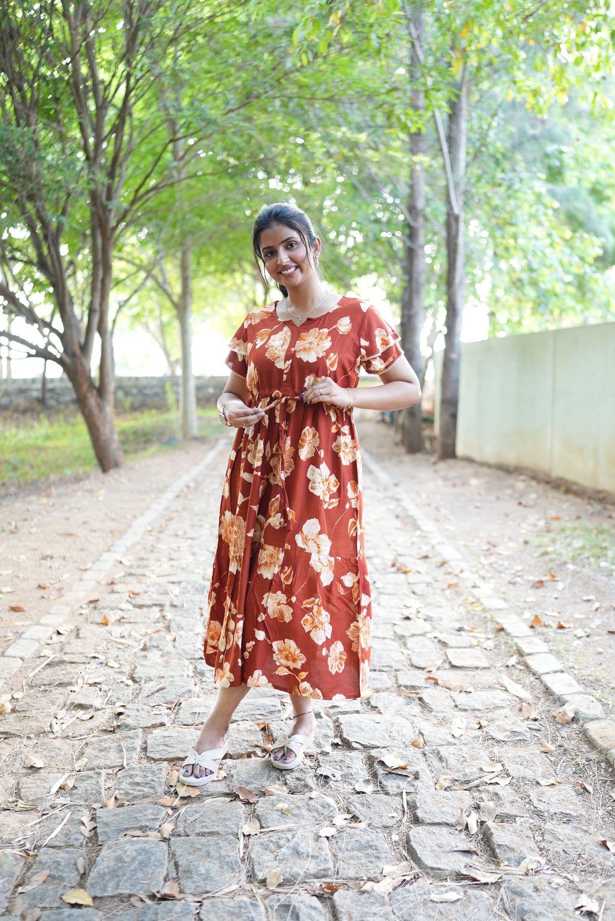 Terracotta Bloom Rayon Foil Maxi Frock – Double Layer Frill Sleeve Summer Dress with Adjustable Waist Tie & Side Pockets - Breathable Summer Wear MAXI Frock