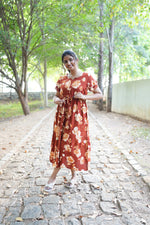 Terracotta Bloom Rayon Foil Maxi Frock – Double Layer Frill Sleeve Summer Dress with Adjustable Waist Tie & Side Pockets - Breathable Summer Wear MAXI Frock
