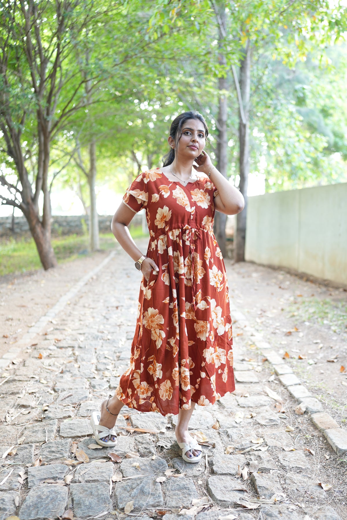 Terracotta Bloom Rayon Foil Maxi Frock – Double Layer Frill Sleeve Summer Dress with Adjustable Waist Tie & Side Pockets - Breathable Summer Wear MAXI Frock