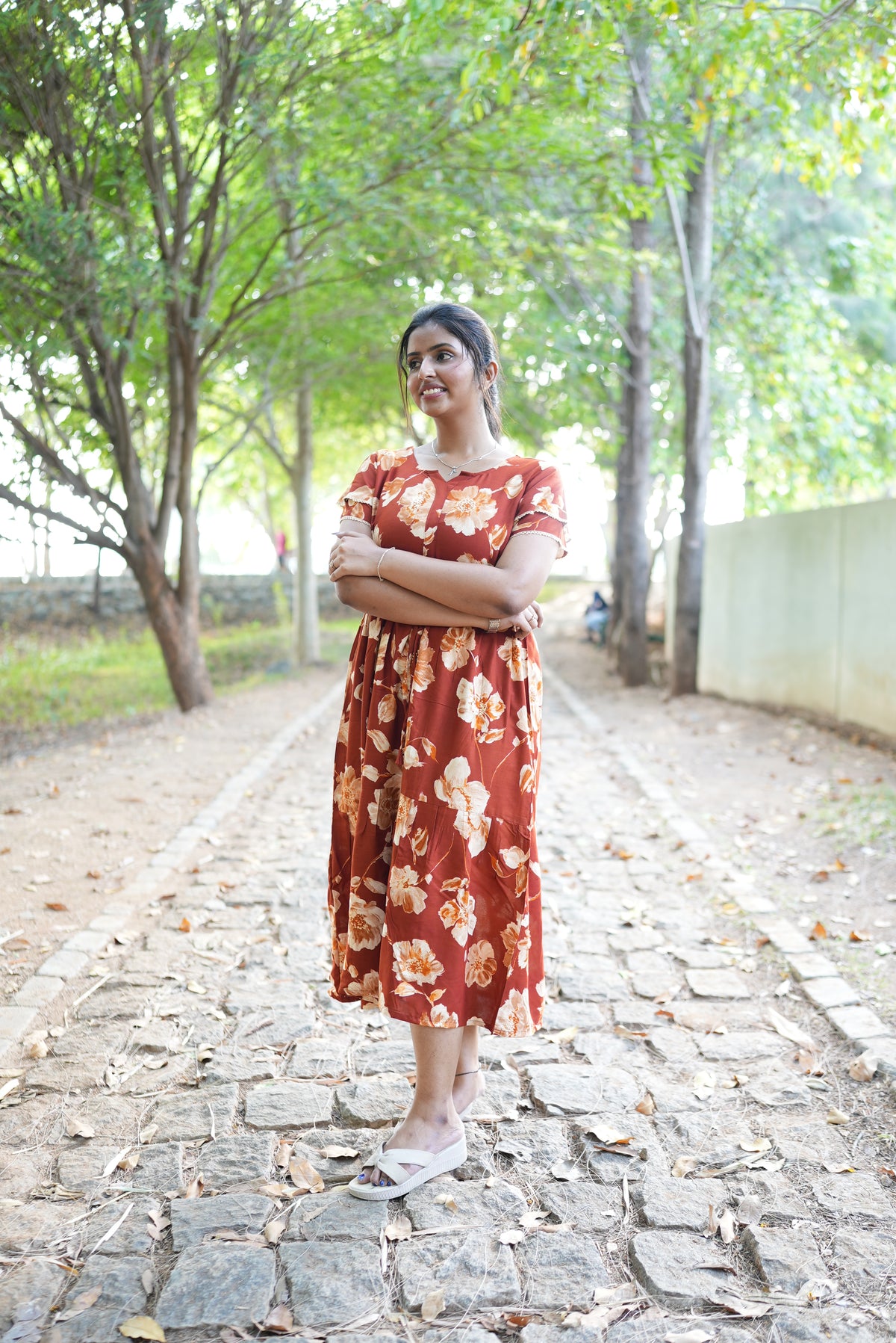 Terracotta Bloom Rayon Foil Maxi Frock – Double Layer Frill Sleeve Summer Dress with Adjustable Waist Tie & Side Pockets - Breathable Summer Wear MAXI Frock