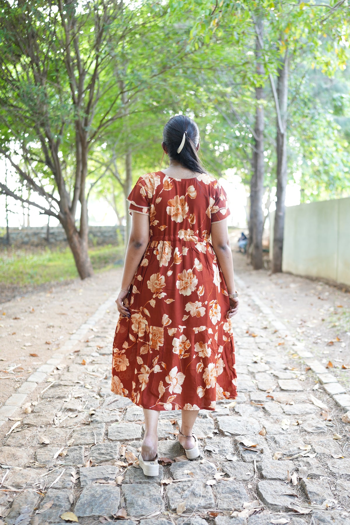 Terracotta Bloom Rayon Foil Maxi Frock – Double Layer Frill Sleeve Summer Dress with Adjustable Waist Tie & Side Pockets - Breathable Summer Wear MAXI Frock