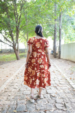 Terracotta Bloom Rayon Foil Maxi Frock – Double Layer Frill Sleeve Summer Dress with Adjustable Waist Tie & Side Pockets - Breathable Summer Wear MAXI Frock