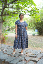 Royal Plum Floral Foil Rayon Maxi Dress – Double Layer Flutter Sleeve Frock with Adjustable Waist Tie & Side Pockets -