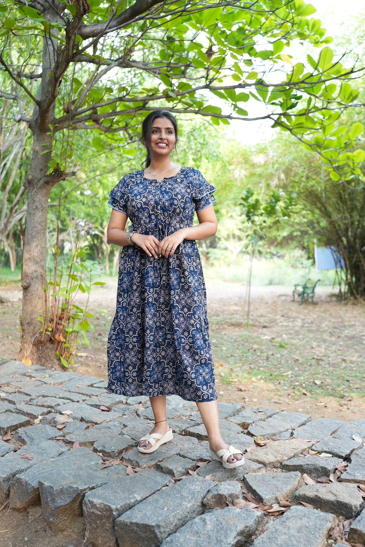 Royal Plum Floral Foil Rayon Maxi Dress – Double Layer Flutter Sleeve Frock with Adjustable Waist Tie & Side Pockets -