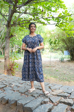 Royal Plum Floral Foil Rayon Maxi Dress – Double Layer Flutter Sleeve Frock with Adjustable Waist Tie & Side Pockets -