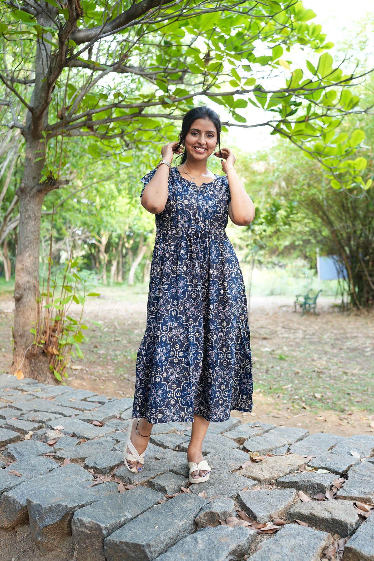 Royal Plum Floral Foil Rayon Maxi Dress – Double Layer Flutter Sleeve Frock with Adjustable Waist Tie & Side Pockets -