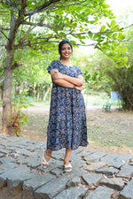 Royal Plum Floral Foil Rayon Maxi Dress – Double Layer Flutter Sleeve Frock with Adjustable Waist Tie & Side Pockets -