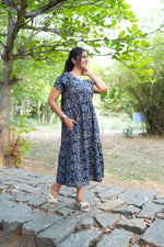 Royal Plum Floral Foil Rayon Maxi Dress – Double Layer Flutter Sleeve Frock with Adjustable Waist Tie & Side Pockets -