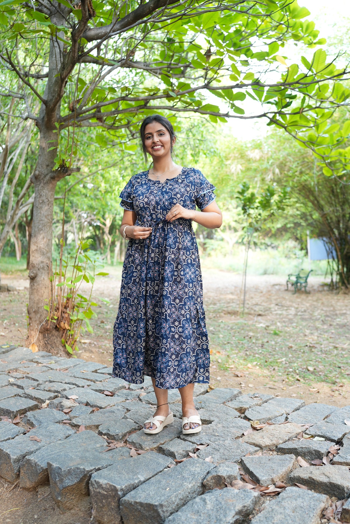 Royal Plum Floral Foil Rayon Maxi Dress – Double Layer Flutter Sleeve Frock with Adjustable Waist Tie & Side Pockets -