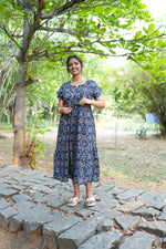 Royal Plum Floral Foil Rayon Maxi Dress – Double Layer Flutter Sleeve Frock with Adjustable Waist Tie & Side Pockets -