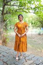 Seafoam Meadow Rayon Foil Maxi Frock – Elegant Puff Sleeve Tiered Summer Dress with Adjustable Drawstring Waist & Pockets - Drawstring Maxi Frock