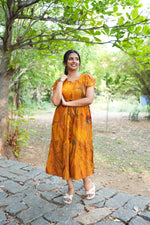 Seafoam Meadow Rayon Foil Maxi Frock – Elegant Puff Sleeve Tiered Summer Dress with Adjustable Drawstring Waist & Pockets - Drawstring Maxi Frock