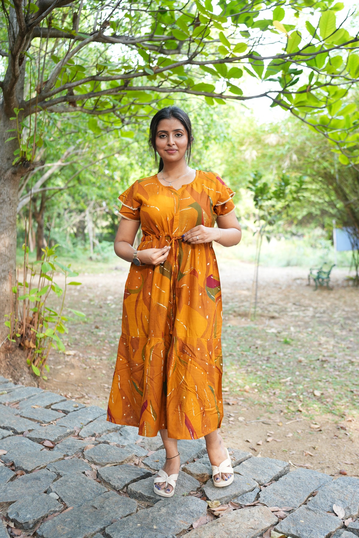 Seafoam Meadow Rayon Foil Maxi Frock – Elegant Puff Sleeve Tiered Summer Dress with Adjustable Drawstring Waist & Pockets - Drawstring Maxi Frock