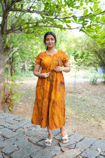 Seafoam Meadow Rayon Foil Maxi Frock – Elegant Puff Sleeve Tiered Summer Dress with Adjustable Drawstring Waist & Pockets - Drawstring Maxi Frock