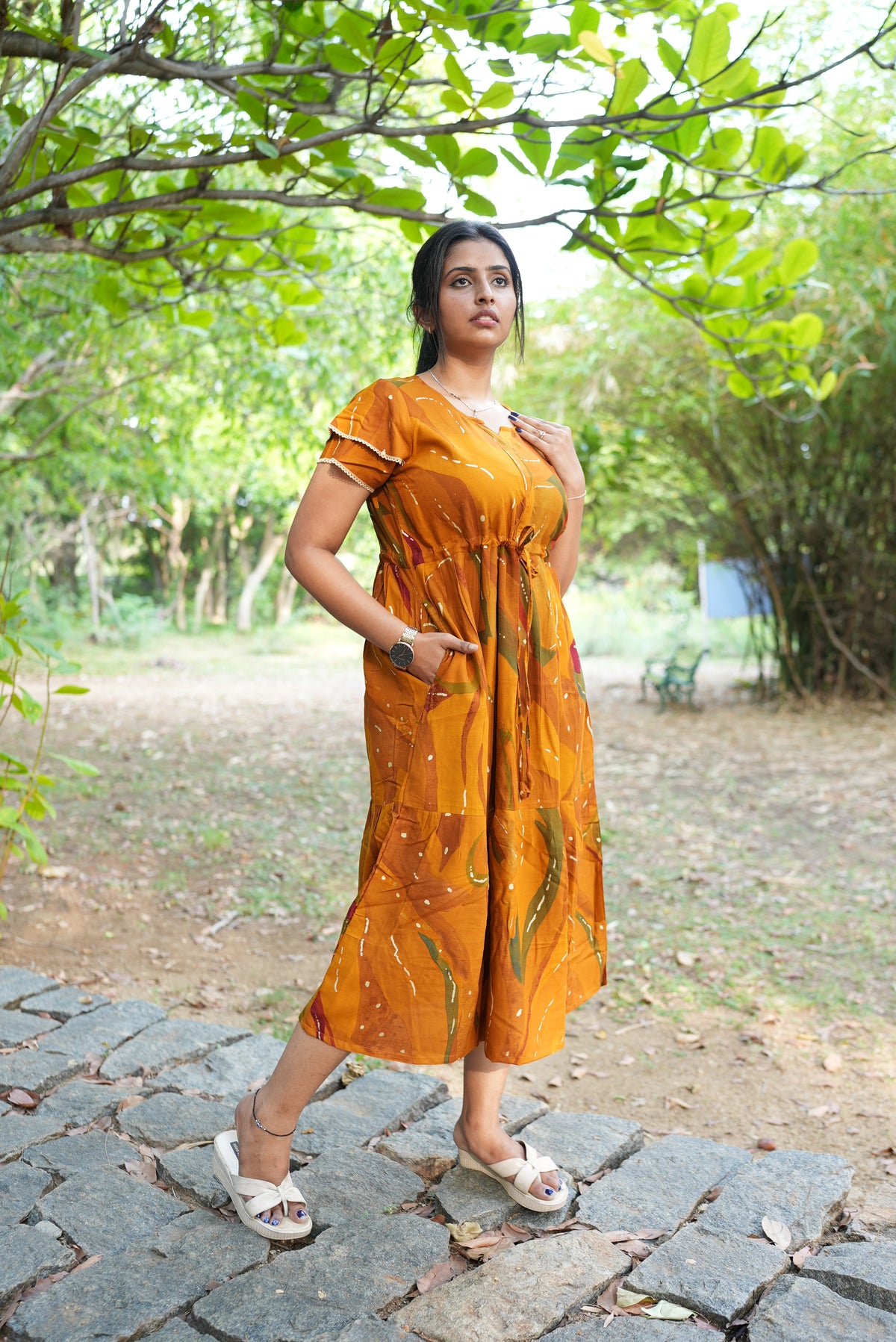 Seafoam Meadow Rayon Foil Maxi Frock – Elegant Puff Sleeve Tiered Summer Dress with Adjustable Drawstring Waist & Pockets - Drawstring Maxi Frock