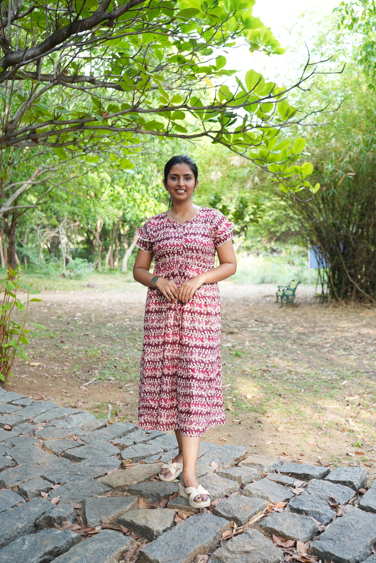 Maroon Vine Foil Rayon Maxi Dress – Double Layer Flutter Sleeve Frock with Adjustable Waist Tie & Side Pockets