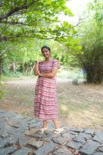 Maroon Vine Foil Rayon Maxi Dress – Double Layer Flutter Sleeve Frock with Adjustable Waist Tie & Side Pockets