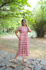 Maroon Vine Foil Rayon Maxi Dress – Double Layer Flutter Sleeve Frock with Adjustable Waist Tie & Side Pockets