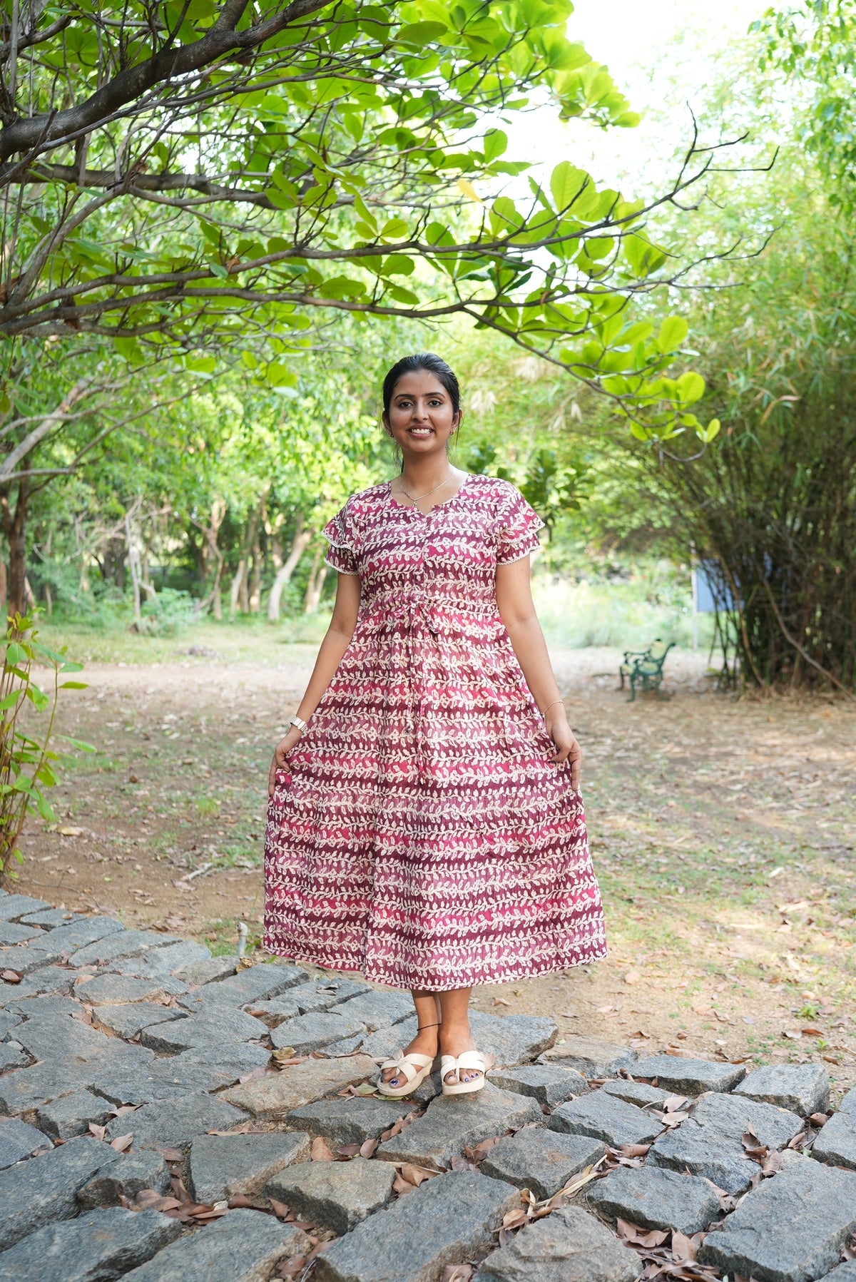Maroon Vine Foil Rayon Maxi Dress – Double Layer Flutter Sleeve Frock with Adjustable Waist Tie & Side Pockets