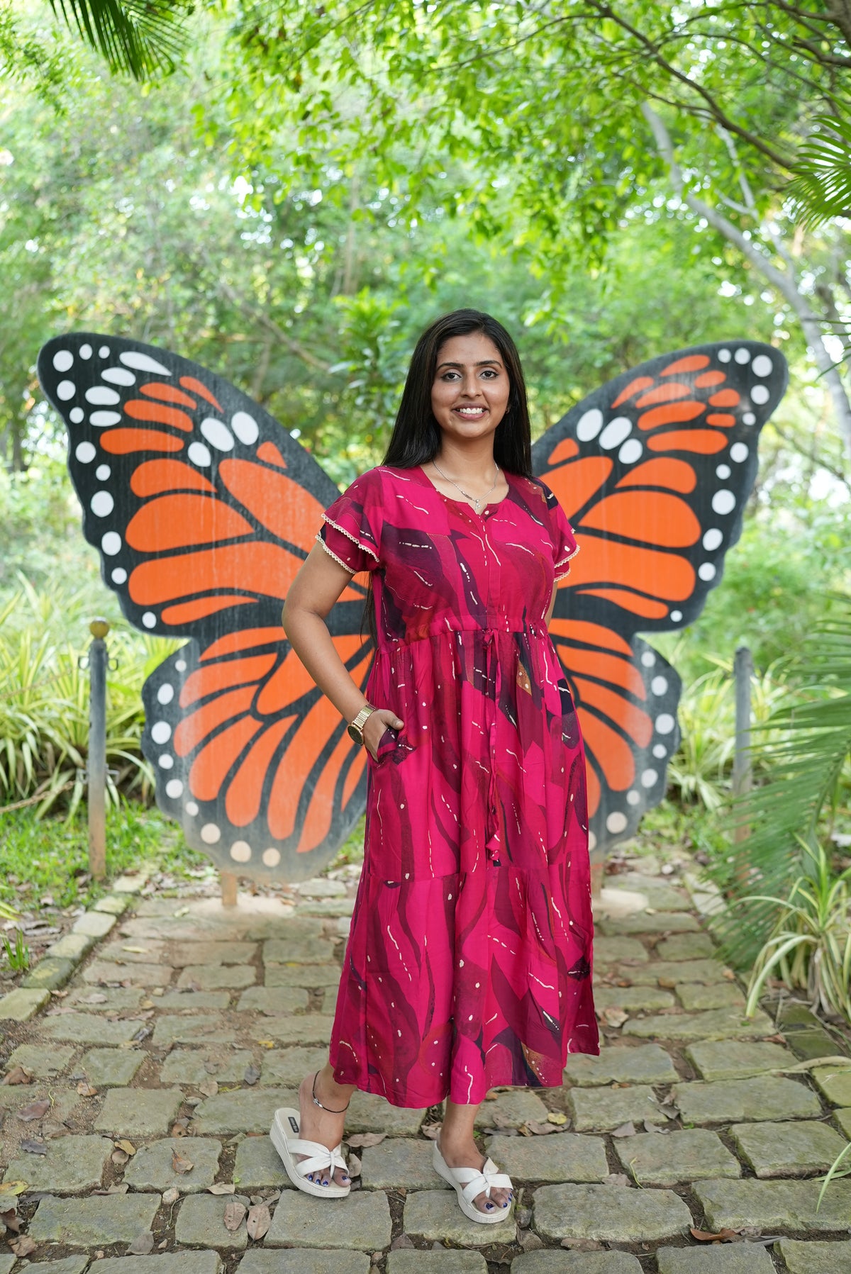 Seafoam Meadow Rayon Foil Maxi Frock – Elegant Puff Sleeve Tiered Summer Dress with Adjustable Drawstring Waist & Pockets - Drawstring Maxi Frock