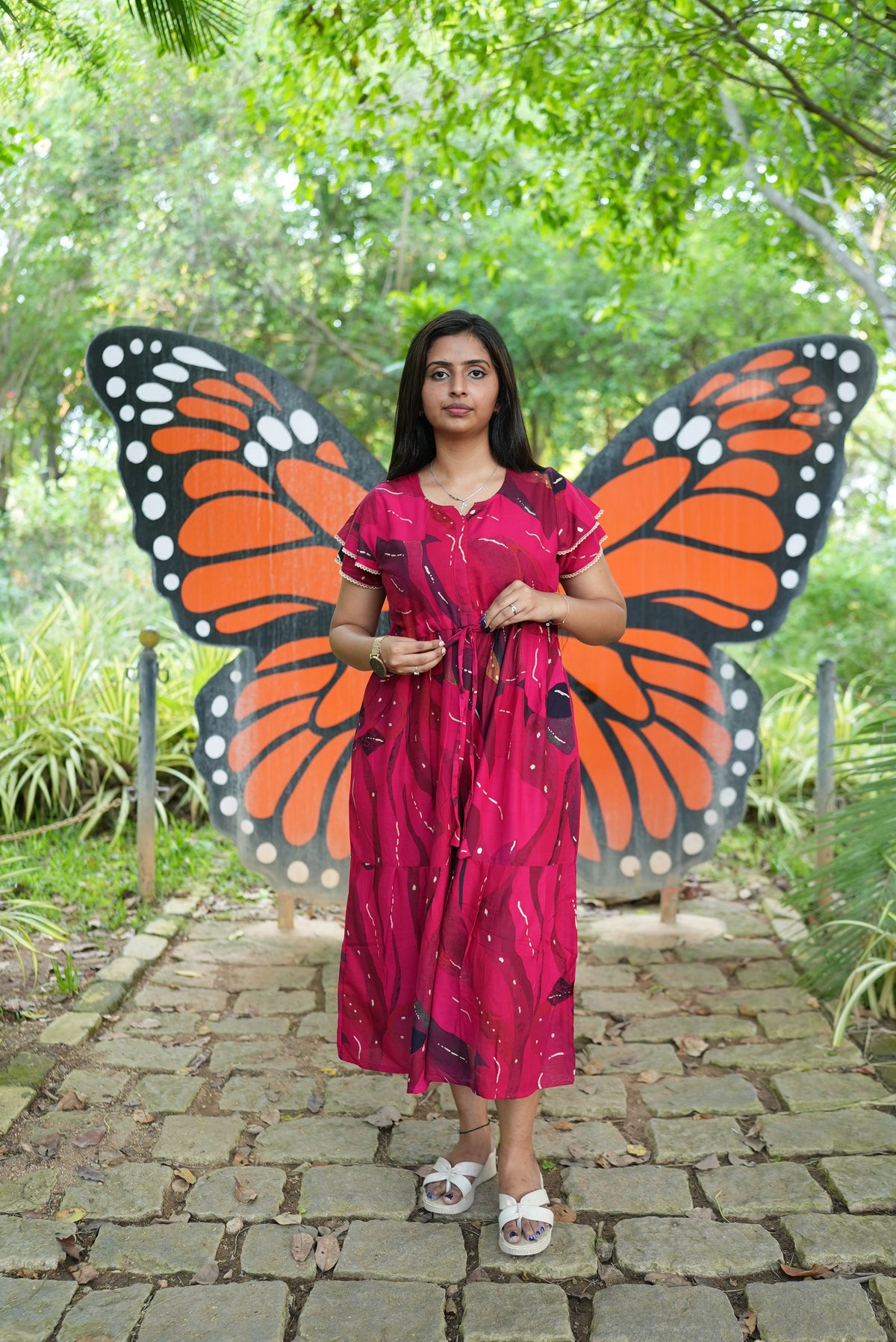 Seafoam Meadow Rayon Foil Maxi Frock – Elegant Puff Sleeve Tiered Summer Dress with Adjustable Drawstring Waist & Pockets - Drawstring Maxi Frock