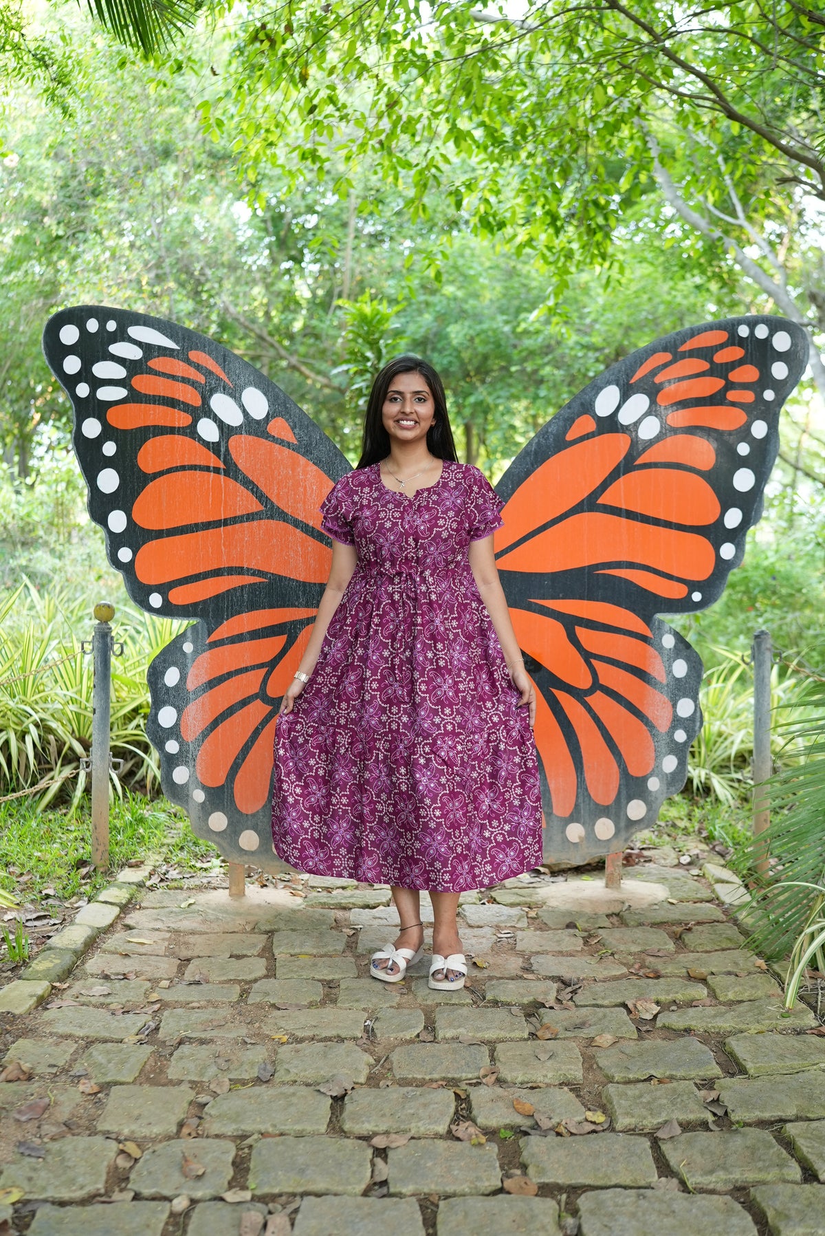 Royal Plum Floral Foil Rayon Maxi Dress – Double Layer Flutter Sleeve Frock with Adjustable Waist Tie & Side Pockets -