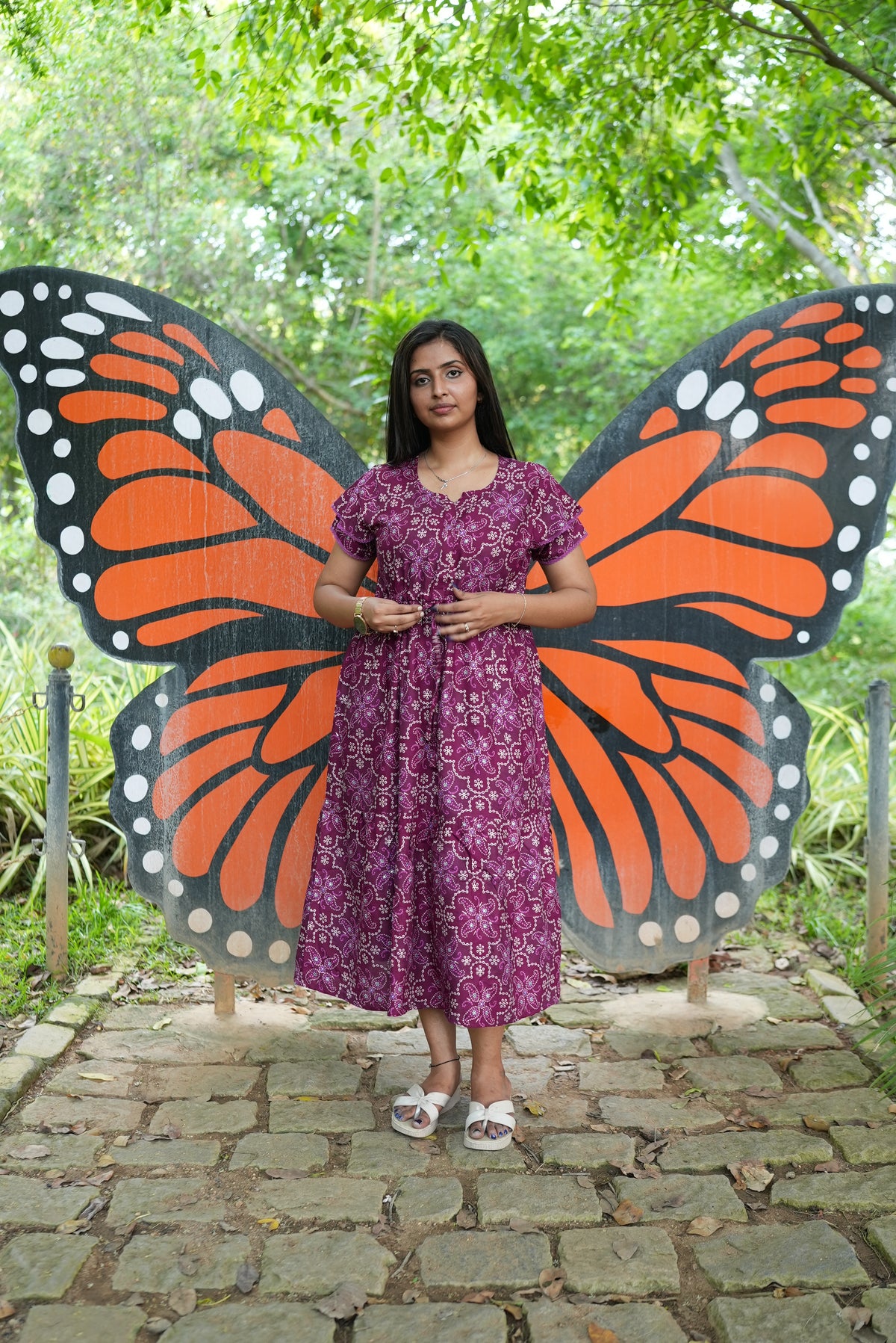 Royal Plum Floral Foil Rayon Maxi Dress – Double Layer Flutter Sleeve Frock with Adjustable Waist Tie & Side Pockets -