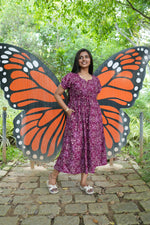 Royal Plum Floral Foil Rayon Maxi Dress – Double Layer Flutter Sleeve Frock with Adjustable Waist Tie & Side Pockets -