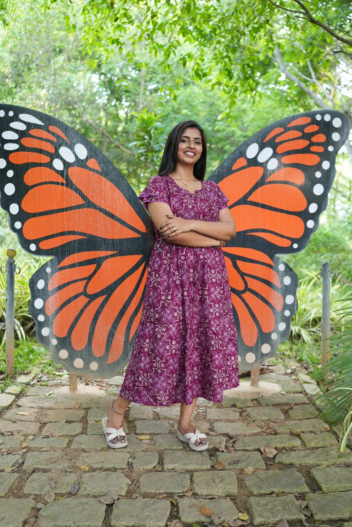 Royal Plum Floral Foil Rayon Maxi Dress – Double Layer Flutter Sleeve Frock with Adjustable Waist Tie & Side Pockets -