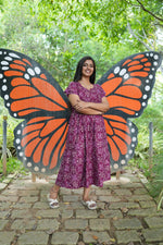 Royal Plum Floral Foil Rayon Maxi Dress – Double Layer Flutter Sleeve Frock with Adjustable Waist Tie & Side Pockets -