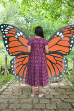 Royal Plum Floral Foil Rayon Maxi Dress – Double Layer Flutter Sleeve Frock with Adjustable Waist Tie & Side Pockets -