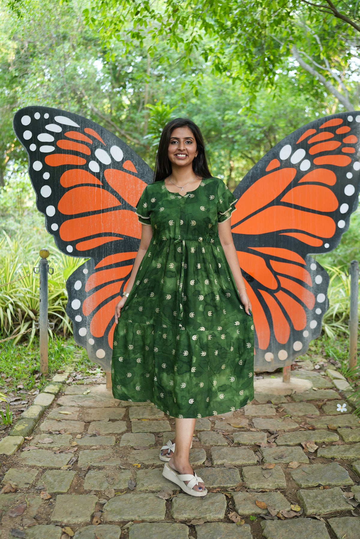 Emerald Forest Gold Foil Rayon Maxi Dress – Double Layer Flutter Sleeve Frock with Adjustable Waist & Pockets - Lightweight Breathable MAXI Frock