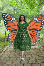 Emerald Forest Gold Foil Rayon Maxi Dress – Double Layer Flutter Sleeve Frock with Adjustable Waist & Pockets - Lightweight Breathable MAXI Frock