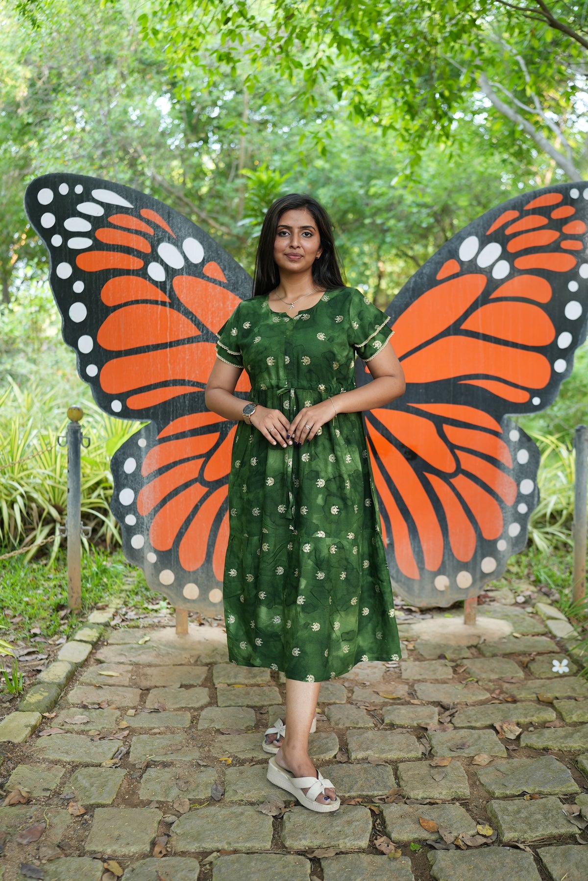 Emerald Forest Gold Foil Rayon Maxi Dress – Double Layer Flutter Sleeve Frock with Adjustable Waist & Pockets - Lightweight Breathable MAXI Frock