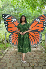 Emerald Forest Gold Foil Rayon Maxi Dress – Double Layer Flutter Sleeve Frock with Adjustable Waist & Pockets - Lightweight Breathable MAXI Frock