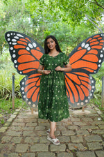 Emerald Forest Gold Foil Rayon Maxi Dress – Double Layer Flutter Sleeve Frock with Adjustable Waist & Pockets - Lightweight Breathable MAXI Frock