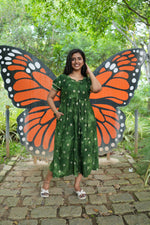 Emerald Forest Gold Foil Rayon Maxi Dress – Double Layer Flutter Sleeve Frock with Adjustable Waist & Pockets - Lightweight Breathable MAXI Frock