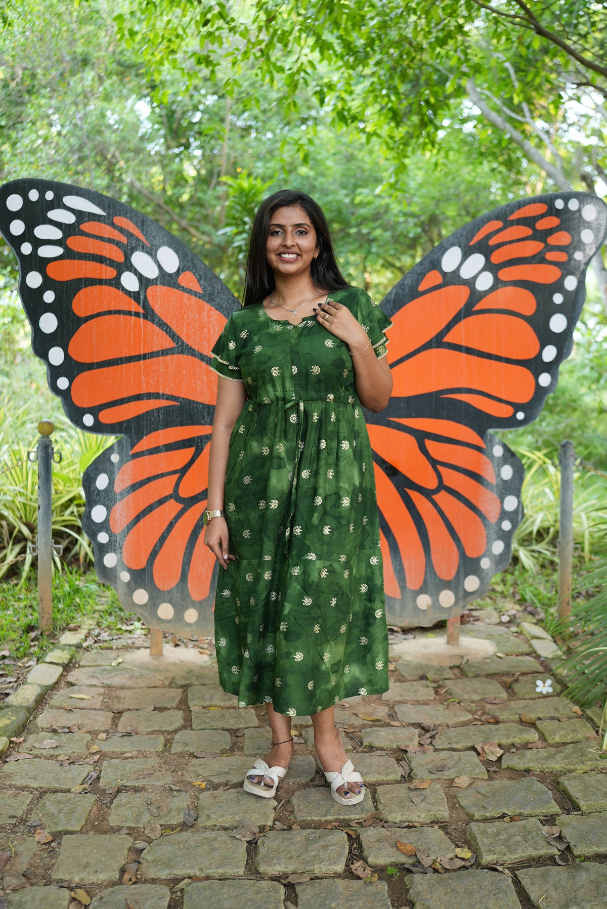 Emerald Forest Gold Foil Rayon Maxi Dress – Double Layer Flutter Sleeve Frock with Adjustable Waist & Pockets - Lightweight Breathable MAXI Frock