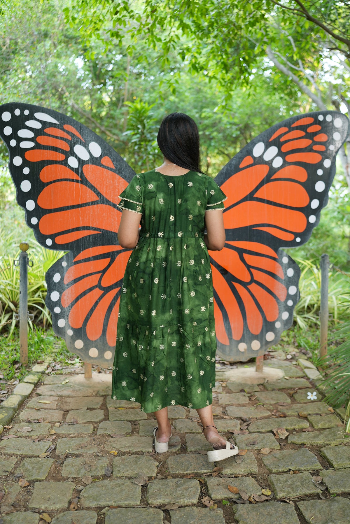 Emerald Forest Gold Foil Rayon Maxi Dress – Double Layer Flutter Sleeve Frock with Adjustable Waist & Pockets - Lightweight Breathable MAXI Frock