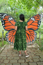 Emerald Forest Gold Foil Rayon Maxi Dress – Double Layer Flutter Sleeve Frock with Adjustable Waist & Pockets - Lightweight Breathable MAXI Frock