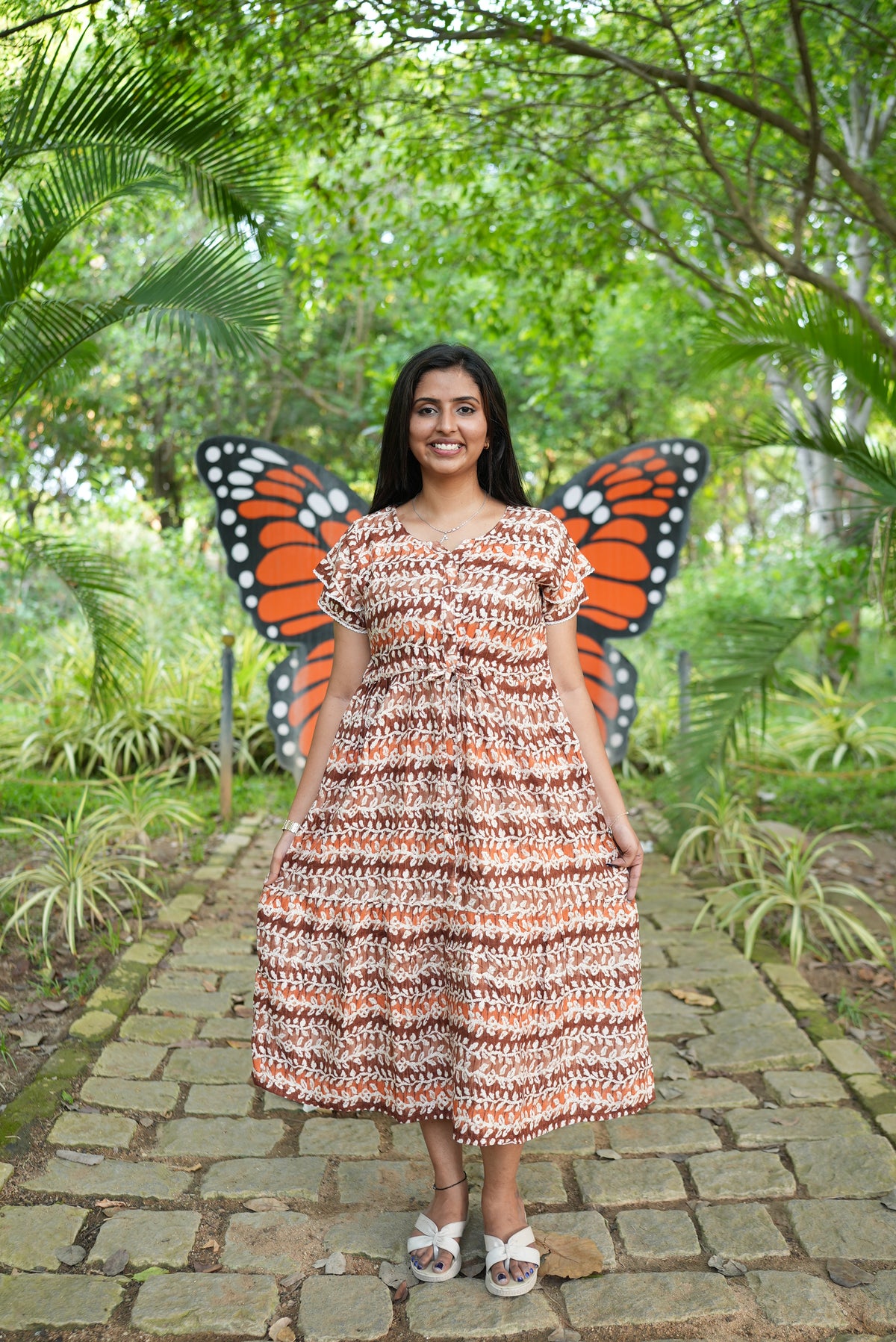 Maroon Vine Foil Rayon Maxi Dress – Double Layer Flutter Sleeve Frock with Adjustable Waist Tie & Side Pockets