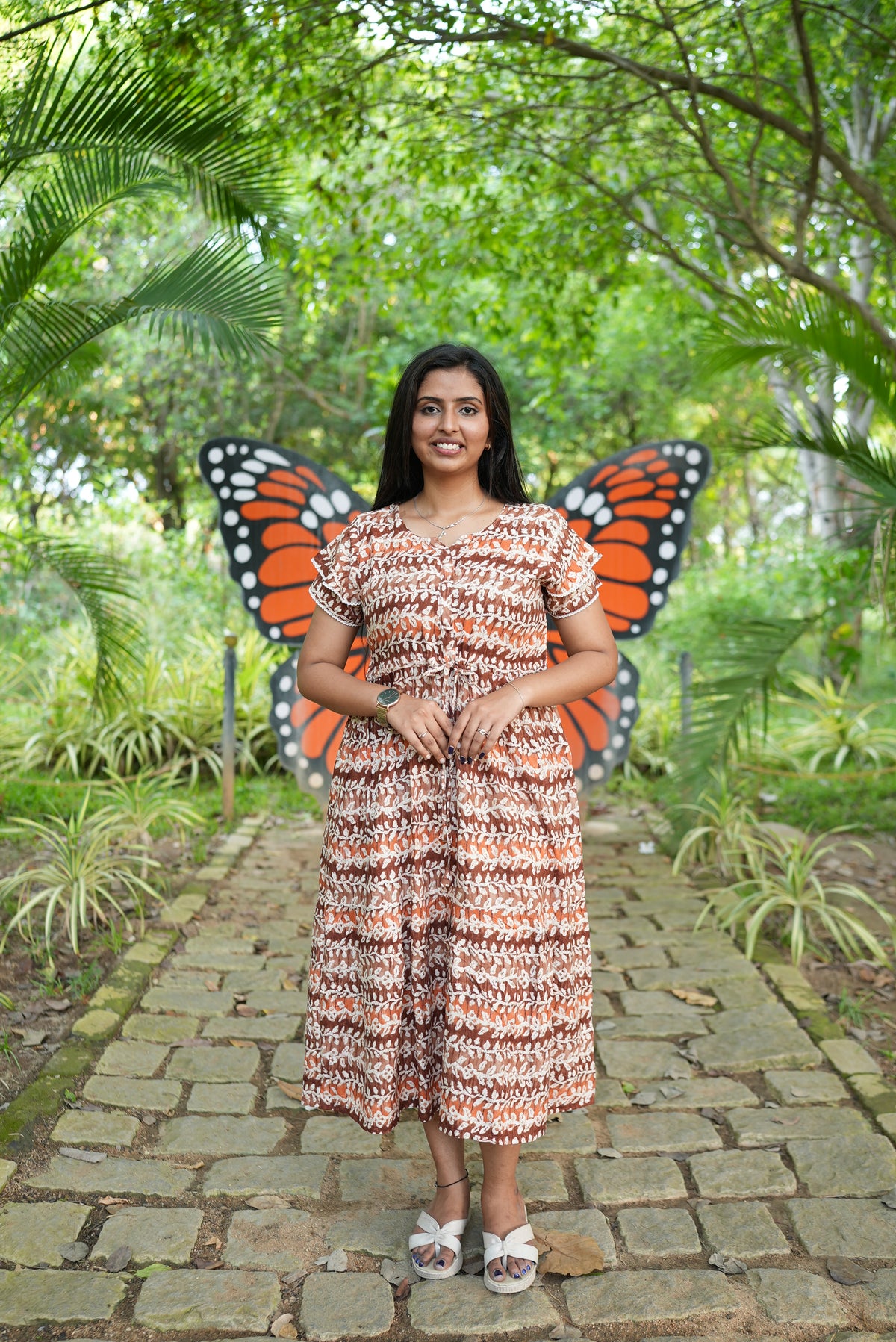 Maroon Vine Foil Rayon Maxi Dress – Double Layer Flutter Sleeve Frock with Adjustable Waist Tie & Side Pockets