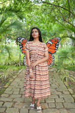 Maroon Vine Foil Rayon Maxi Dress – Double Layer Flutter Sleeve Frock with Adjustable Waist Tie & Side Pockets